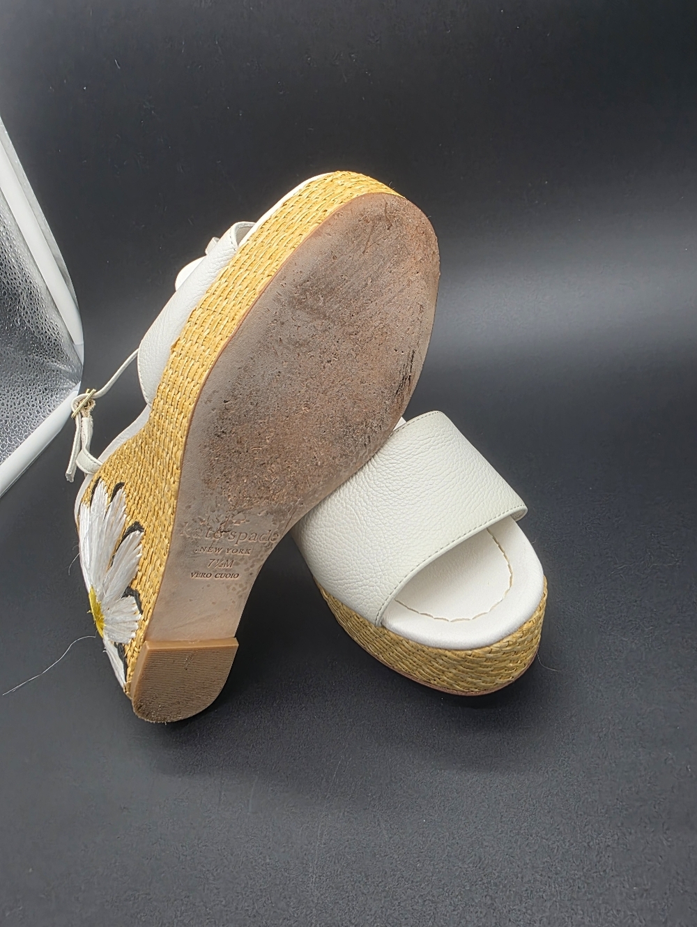 RARE Kate Spade White Leather Woven Ankle Strap Floral Wedges Size 7.5M $129 - Picture 5 of 8